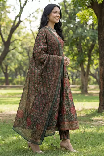 green floral print a-line angrakha kurta trouser dupatta set