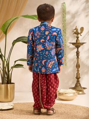 Boys blue silk blend jodhpuri jacket short kurta foil print dhoti set 5