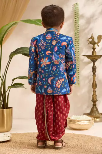 Boys blue silk blend jodhpuri jacket short kurta foil print dhoti set