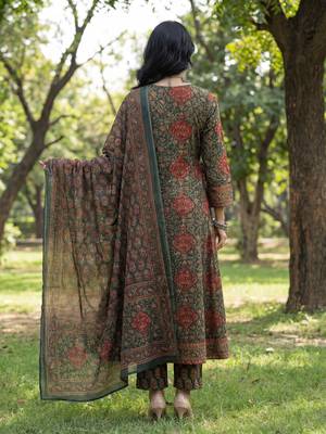 green floral print a-line angrakha kurta trouser dupatta set 3