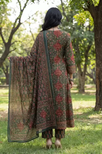 green floral print a-line angrakha kurta trouser dupatta set