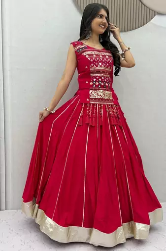 Red lampi bordar & ribbon work Cotton Navratri Lahenga Choli