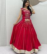 Red lampi bordar & ribbon work Cotton Navratri Lahenga Choli