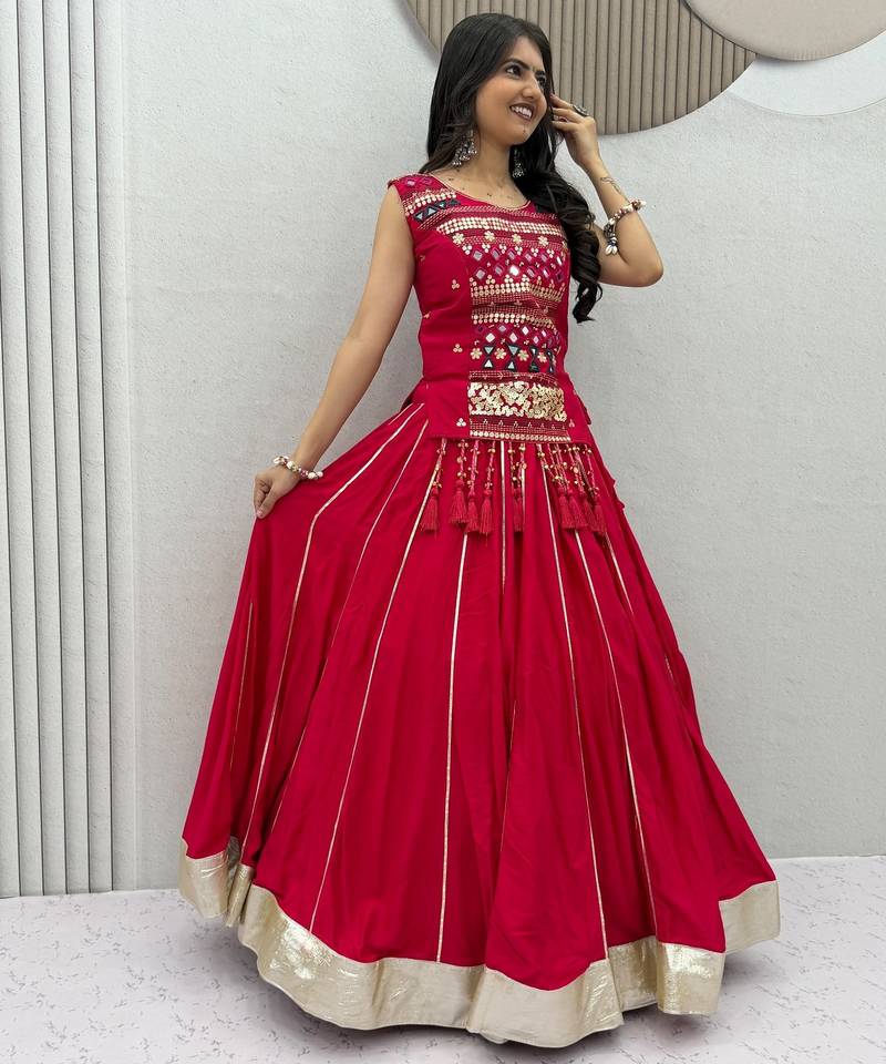Red lampi bordar & ribbon work Cotton Navratri Lahenga Choli