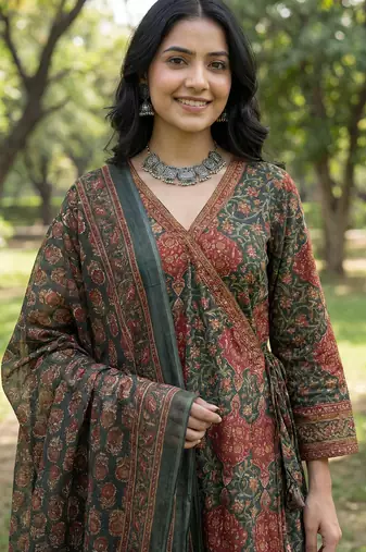 green floral print a-line angrakha kurta trouser dupatta set