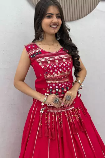 Red lampi bordar & ribbon work Cotton Navratri Lahenga Choli