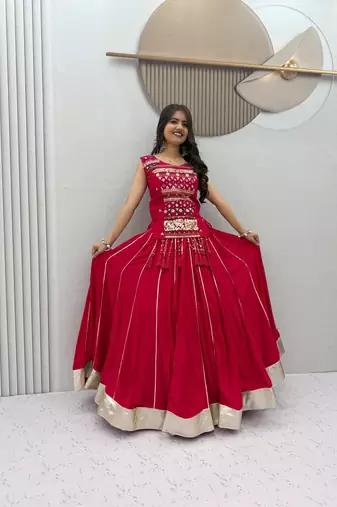 Red lampi bordar & ribbon work Cotton Navratri Lahenga Choli