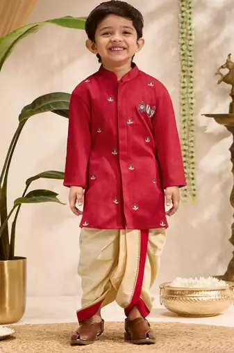 Boys red cotton silk kurta dhoti set