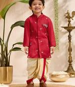 Boys red cotton silk kurta dhoti set