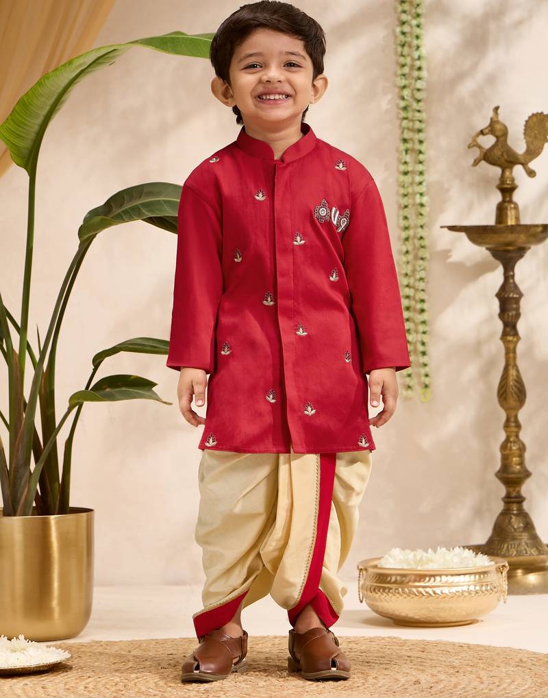 Boys red cotton silk kurta dhoti set