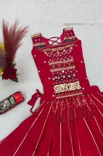 Red lampi bordar & ribbon work Cotton Navratri Lahenga Choli