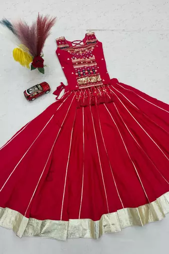 Red lampi bordar & ribbon work Cotton Navratri Lahenga Choli