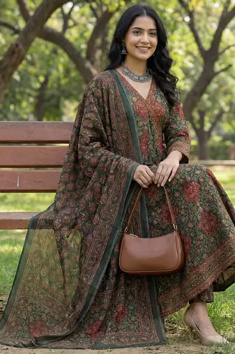 green floral print a-line angrakha kurta trouser dupatta set