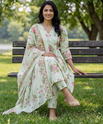 sea green floral print a-line kurta trouser dupatta set 1