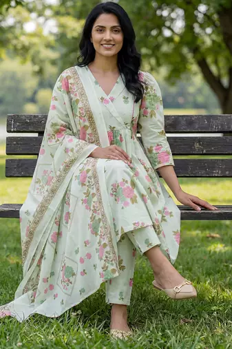 sea green floral print a-line kurta trouser dupatta set