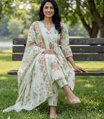 sea green floral print a-line kurta trouser dupatta set