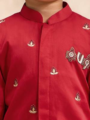 Boys red cotton silk kurta dhoti set 2
