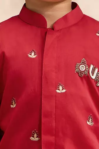 Boys red cotton silk kurta dhoti set