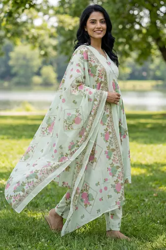 sea green floral print a-line kurta trouser dupatta set
