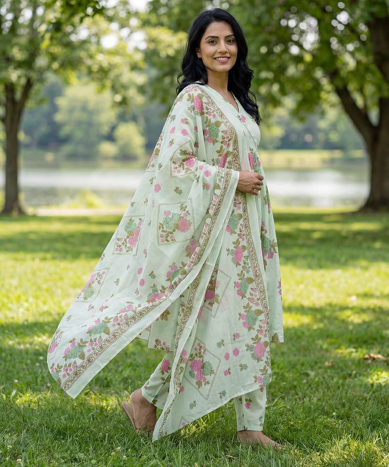 sea green floral print a-line kurta trouser dupatta set