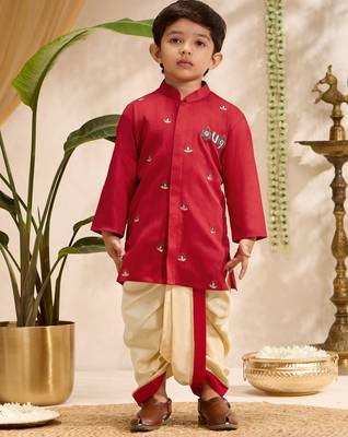 Boys red cotton silk kurta dhoti set 3