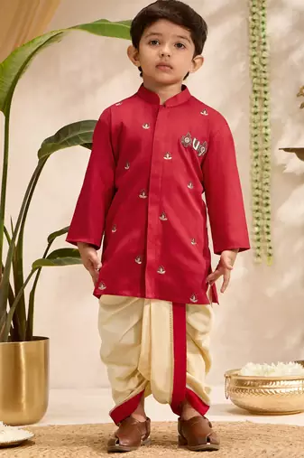 Boys red cotton silk kurta dhoti set