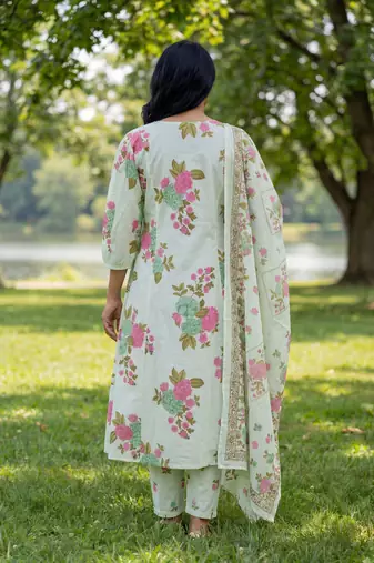 sea green floral print a-line kurta trouser dupatta set