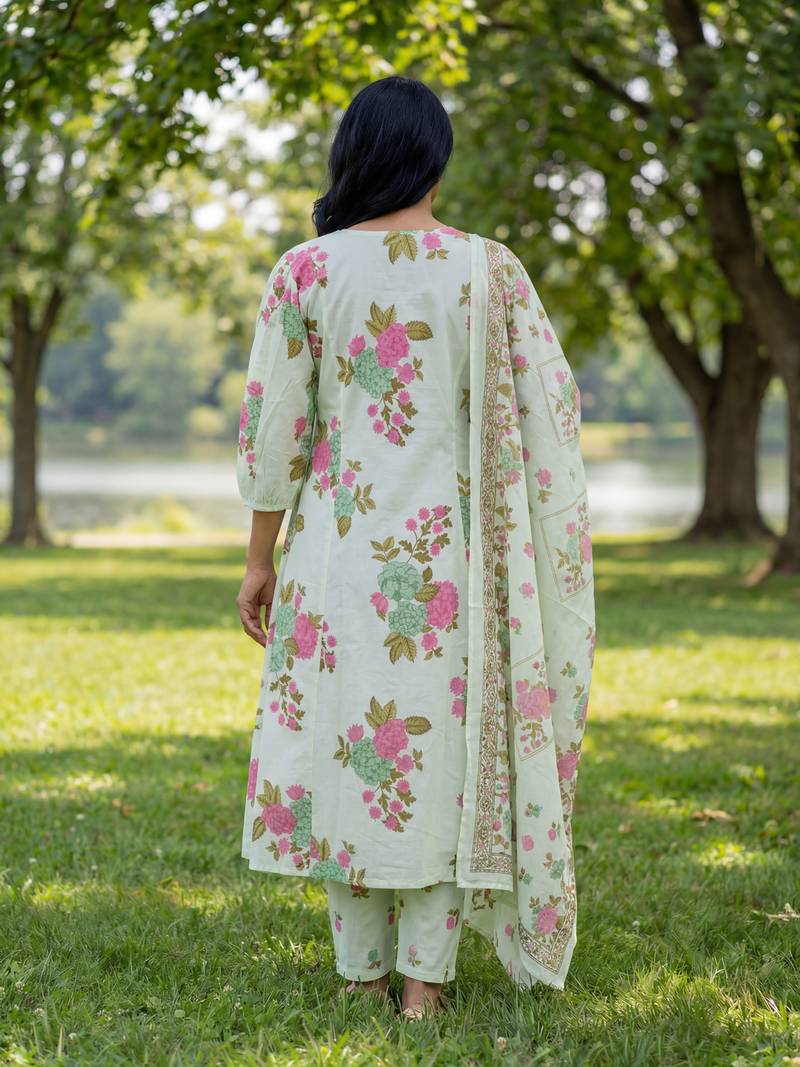 sea green floral print a-line kurta trouser dupatta set