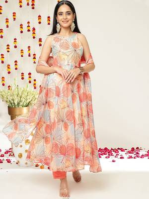 Floral Printed Halter Neck Anarkali Kurta & Trousers With Dupatta 1