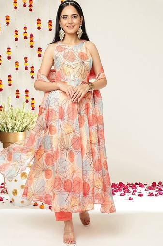 Floral Printed Halter Neck Anarkali Kurta & Trousers With Dupatta