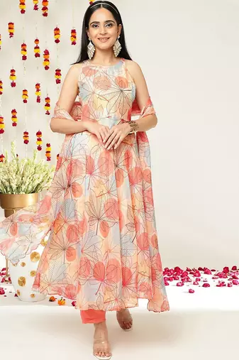 Floral Printed Halter Neck Anarkali Kurta & Trousers With Dupatta