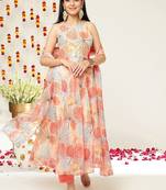 Floral Printed Halter Neck Anarkali Kurta & Trousers With Dupatta