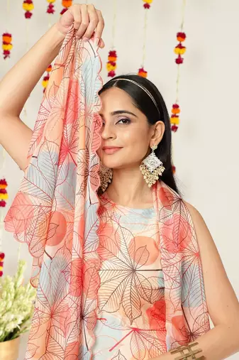 Floral Printed Halter Neck Anarkali Kurta & Trousers With Dupatta