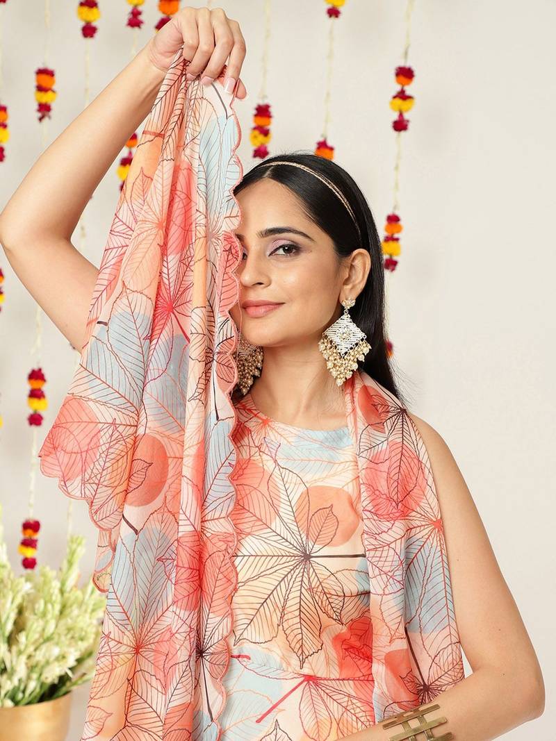 Floral Printed Halter Neck Anarkali Kurta & Trousers With Dupatta