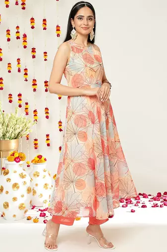 Floral Printed Halter Neck Anarkali Kurta & Trousers With Dupatta