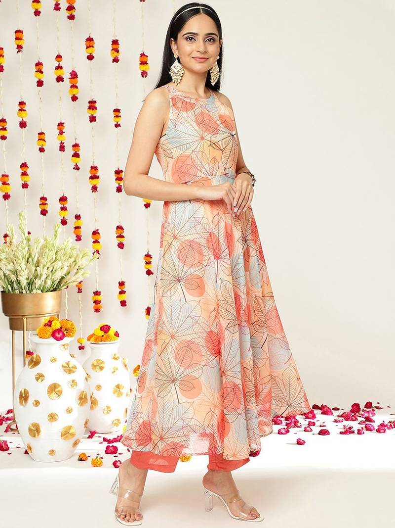 Floral Printed Halter Neck Anarkali Kurta & Trousers With Dupatta
