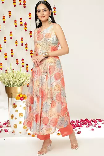Floral Printed Halter Neck Anarkali Kurta & Trousers With Dupatta