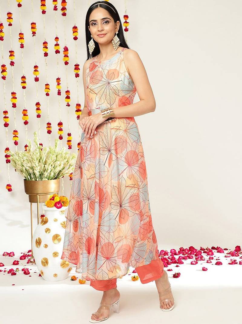Floral Printed Halter Neck Anarkali Kurta & Trousers With Dupatta