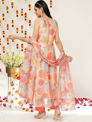 Floral Printed Halter Neck Anarkali Kurta & Trousers With Dupatta 5