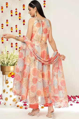 Floral Printed Halter Neck Anarkali Kurta & Trousers With Dupatta