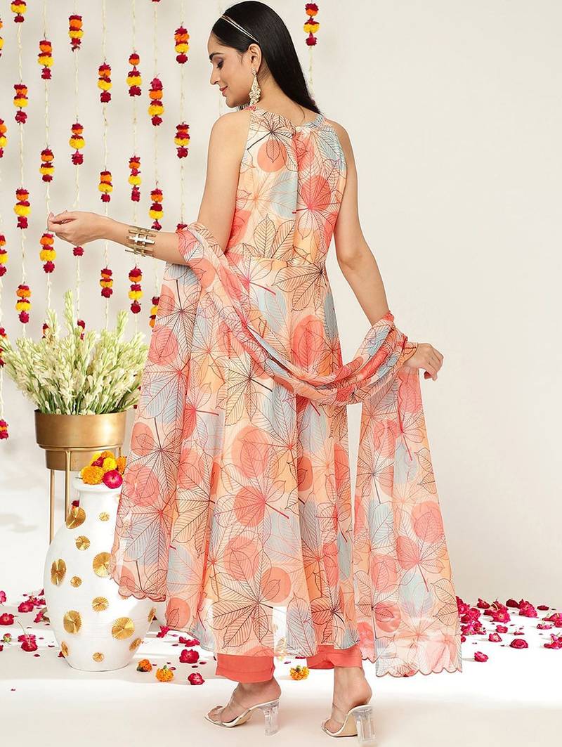 Floral Printed Halter Neck Anarkali Kurta & Trousers With Dupatta