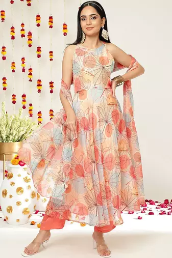Floral Printed Halter Neck Anarkali Kurta & Trousers With Dupatta