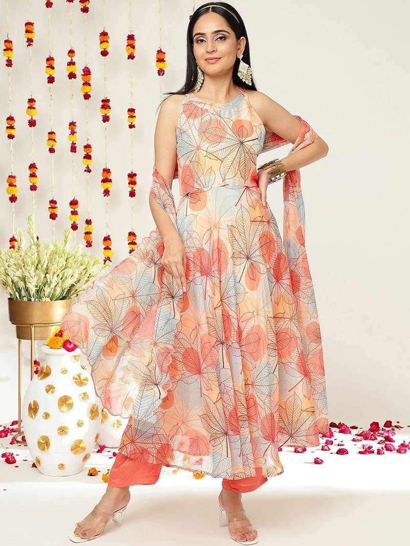 Floral Printed Halter Neck Anarkali Kurta & Trousers With Dupatta
