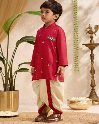 Boys red cotton silk kurta dhoti set 4