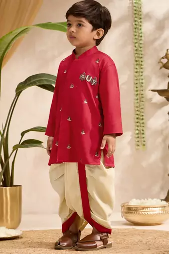 Boys red cotton silk kurta dhoti set