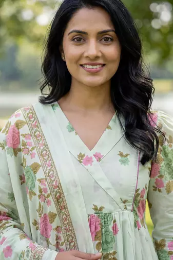 sea green floral print a-line kurta trouser dupatta set