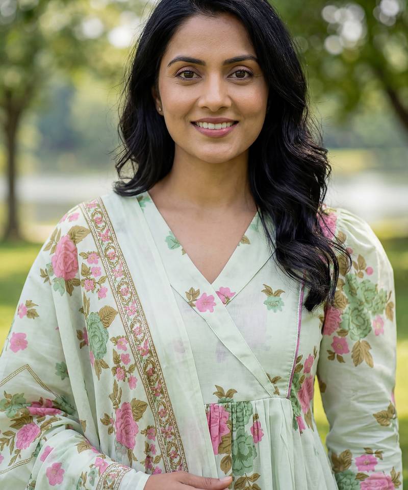 sea green floral print a-line kurta trouser dupatta set