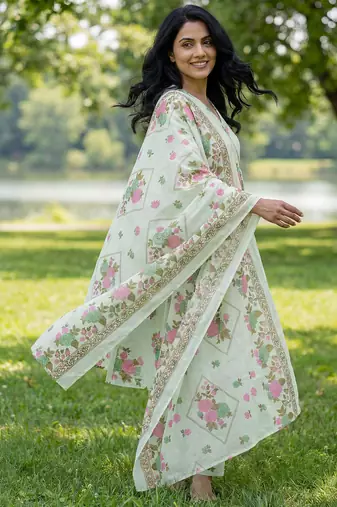 sea green floral print a-line kurta trouser dupatta set