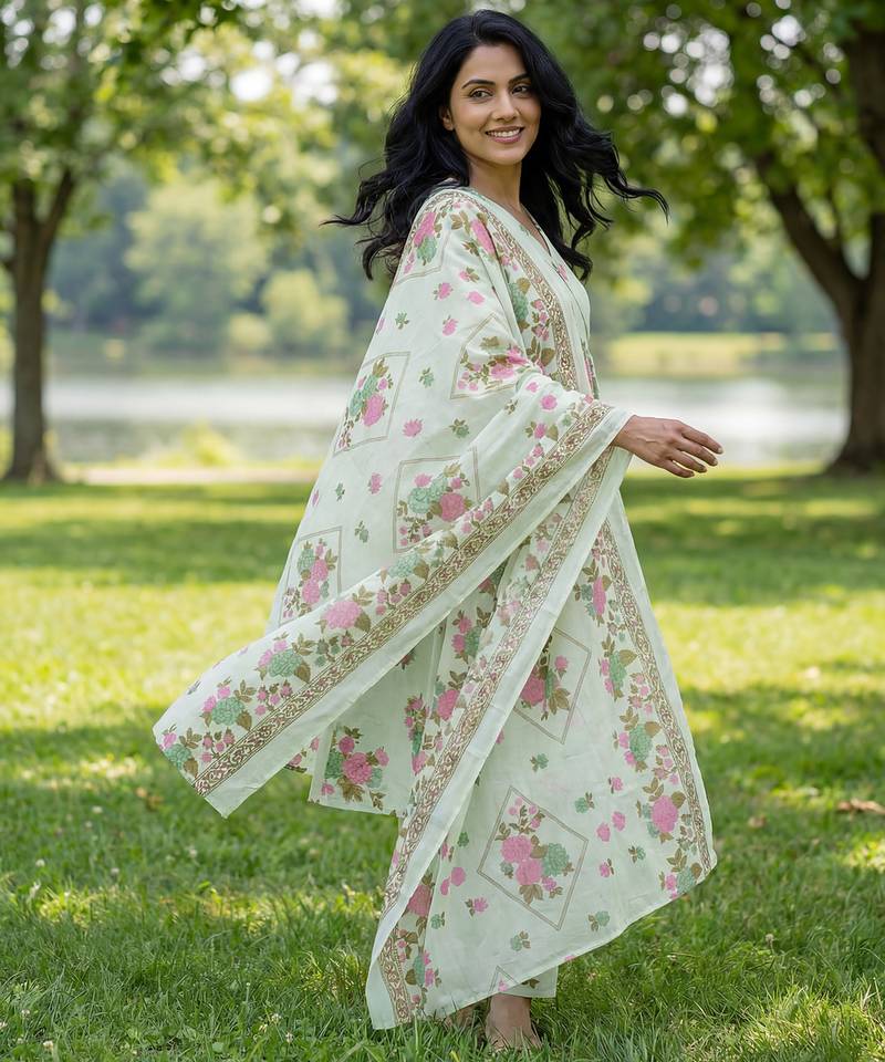 sea green floral print a-line kurta trouser dupatta set
