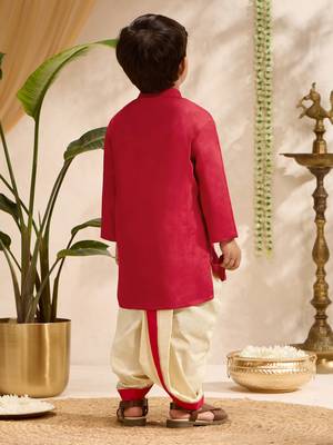 Boys red cotton silk kurta dhoti set 5